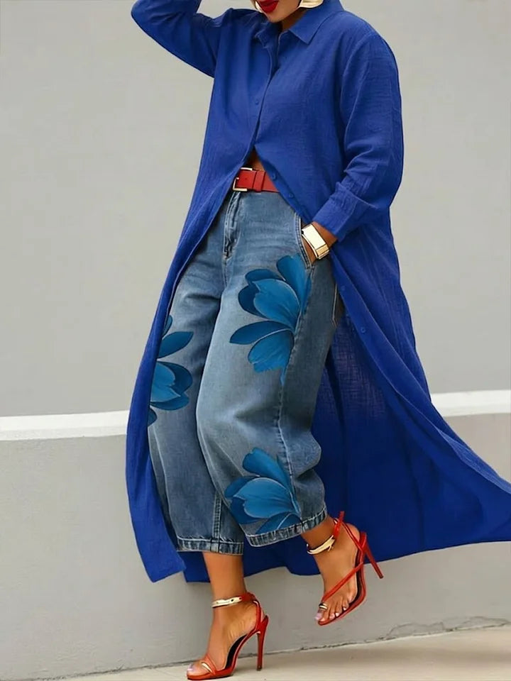 Sylvia – Linen Shirt Dress and Floral Jeans Set