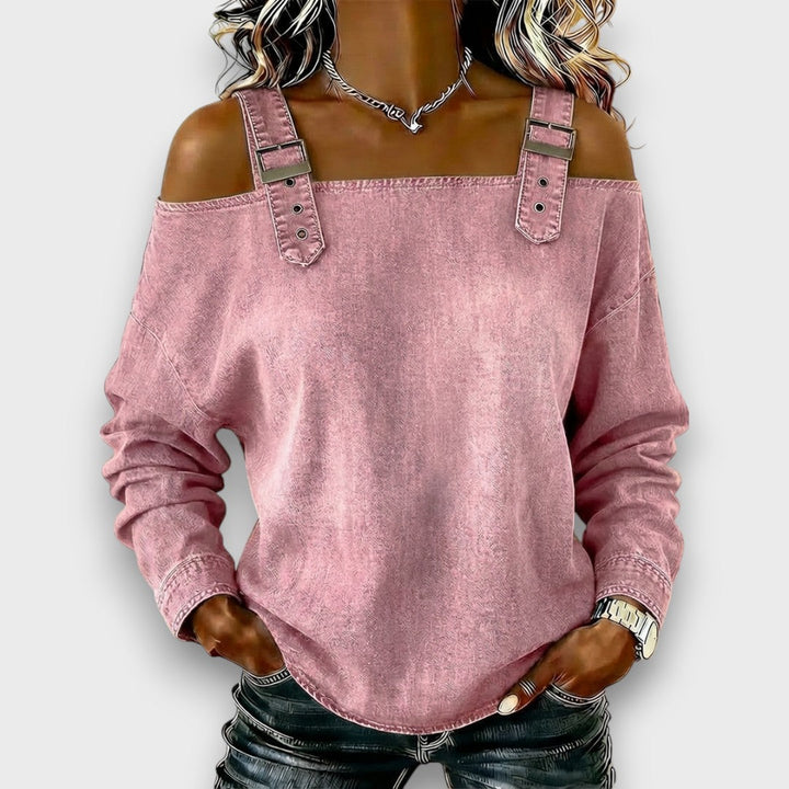 Danika – Off-Shoulder Denim-Look Long Sleeve Top