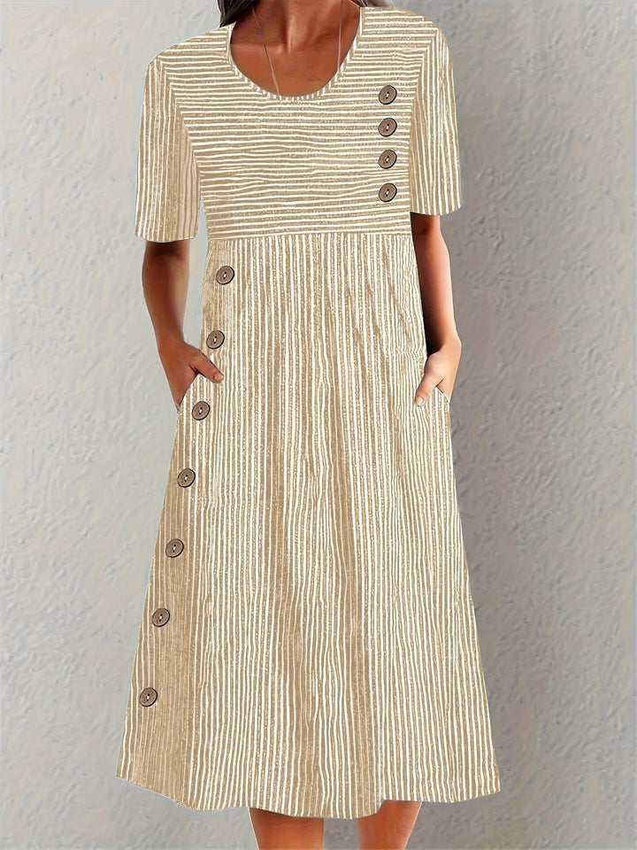 Sofia – Striped Midi Dress With Button Details