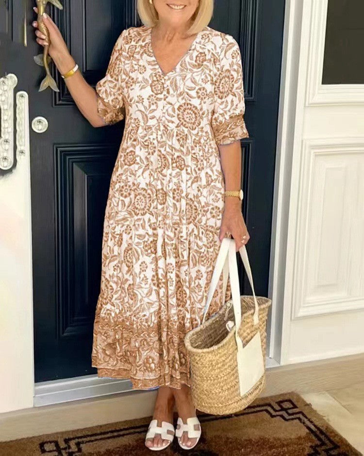 Sophie – Floral Midi Dress with Puff Sleeves