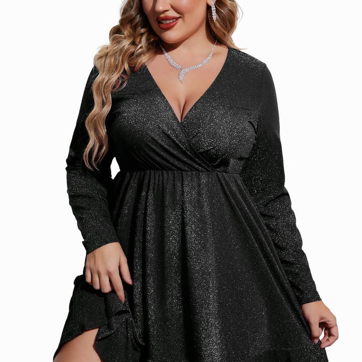 Eileen – Plus Size Glitter V-Neck Ruffle Hem Swing Cocktail Dress