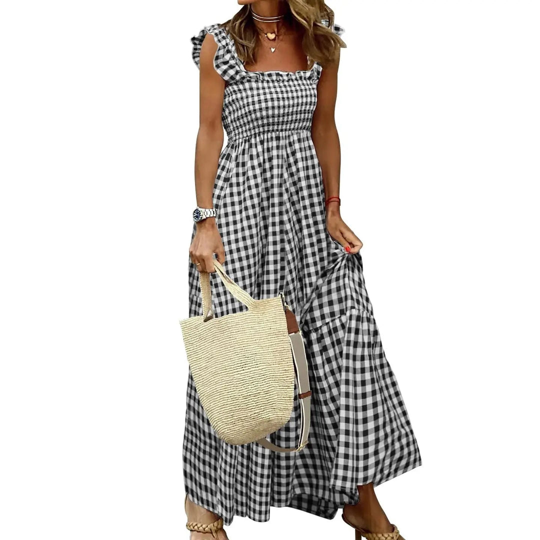 Sandra – Retro Checked Smocked Midi Dress