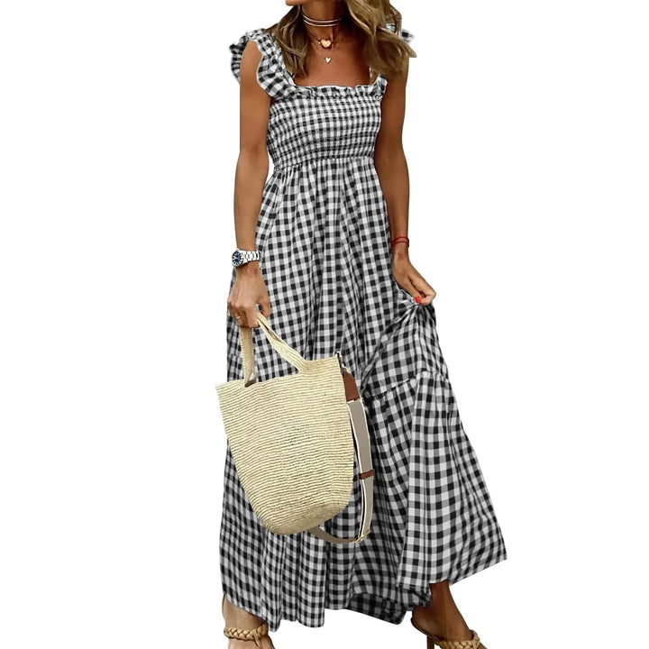 Sandra – Retro Checked Smocked Midi Dress