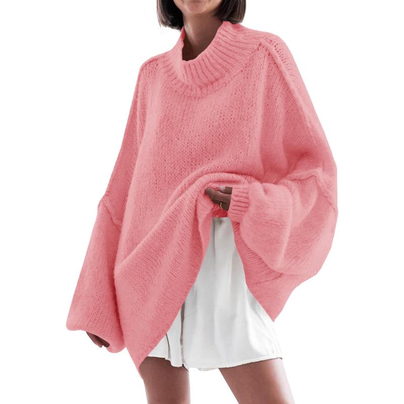 Anthea – Ribbed Knit Mock Neck Batwing Long Sleeve Tunic Sweater