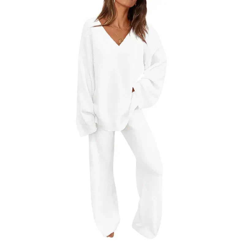 Rebecca – Soft Chunky V-Neck Top and Wide Leg Pants Lounge Set