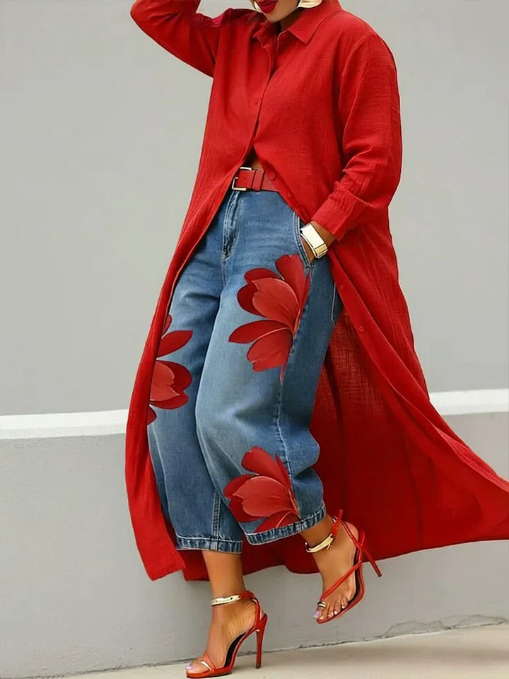 Sylvia – Linen Shirt Dress and Floral Jeans Set