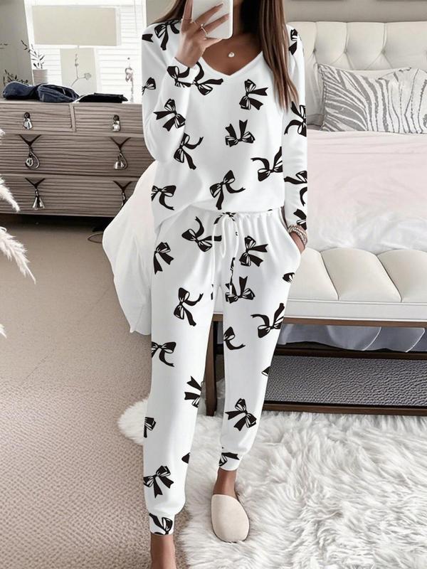 Hallie – Bow Print V-Neck Long Sleeve Top and Tie Waist Pants Set
