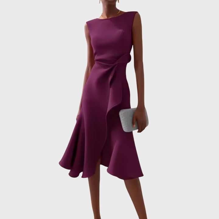 Stephanie – Draped Asymmetric Midi Dress