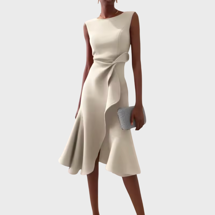 Stephanie – Draped Asymmetric Midi Dress