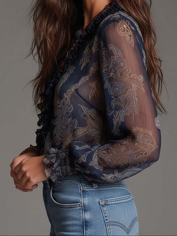 Sylvia – Baroque Paisley Ruffle Zip Chiffon Blouse