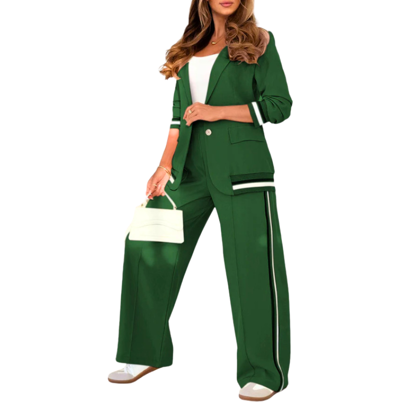 Anthea – Elegant Patchwork Lapel Neck Top and Elastic Waist Trouser Set