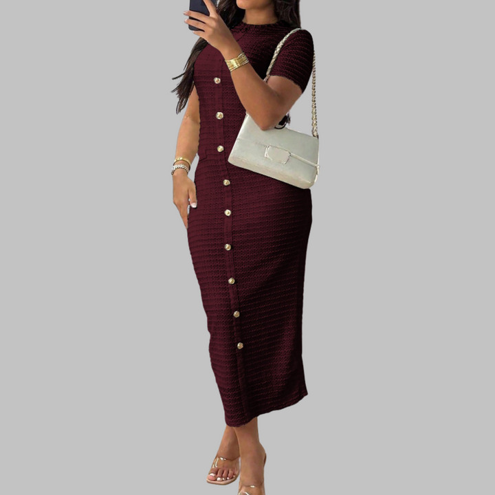 Rachel – Elegant Round Neck Faux Button Dress