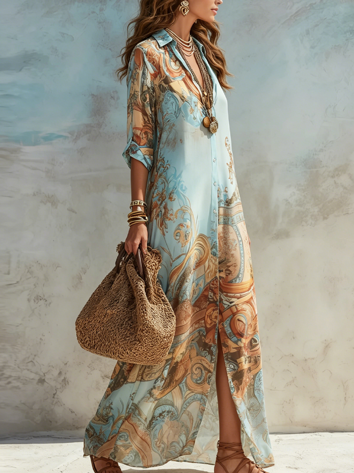 Rowena – Baroque Floral Chiffon Short Sleeve Maxi Dress
