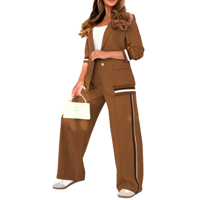 Anthea – Elegant Patchwork Lapel Neck Top and Elastic Waist Trouser Set