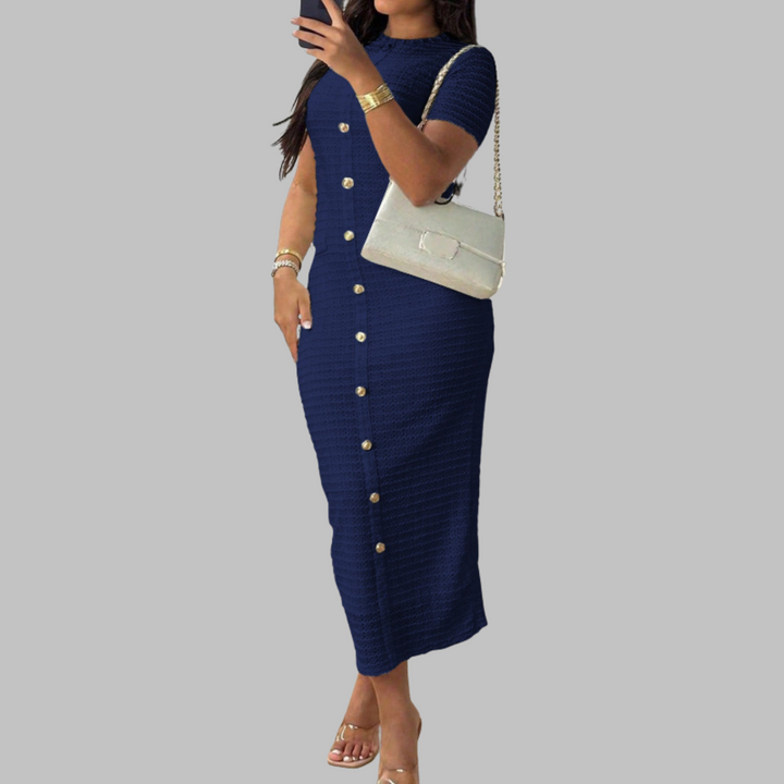 Rachel – Elegant Round Neck Faux Button Dress