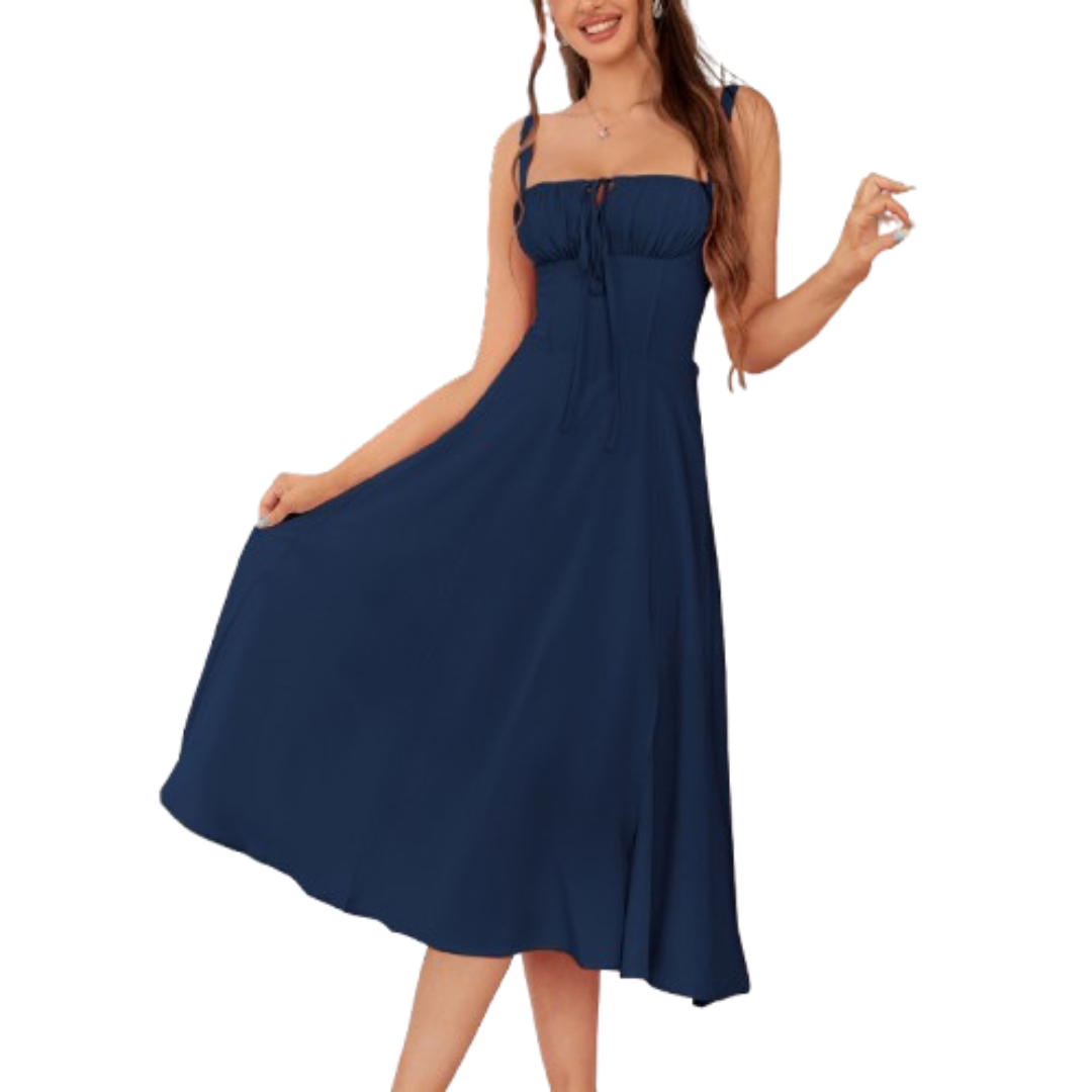 Anthea – Elegant Lace-Up Square Neck Midi Dress