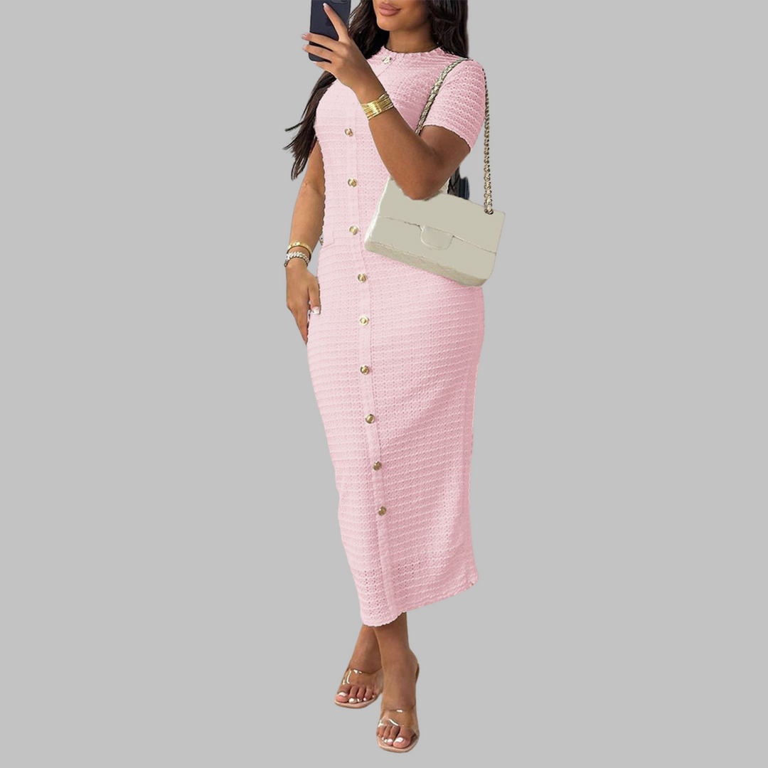 Angela – Elegant Round Neck Faux Button Dress