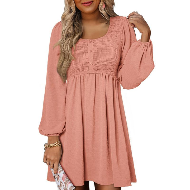 Nancy – Casual Smocked Empire Waist A-Line Dress with Button-Up Detail
