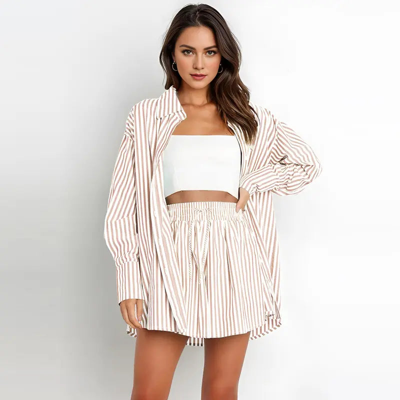 Deirdre – Chic Striped Collared Shirt and Wide Leg Shorts Set
