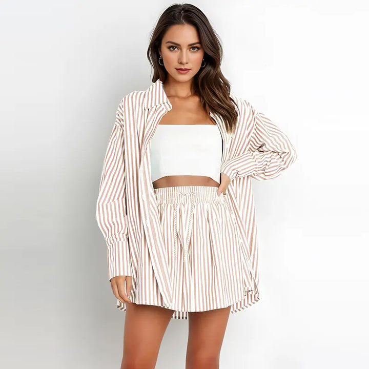 Deirdre – Chic Striped Collared Shirt and Wide Leg Shorts Set