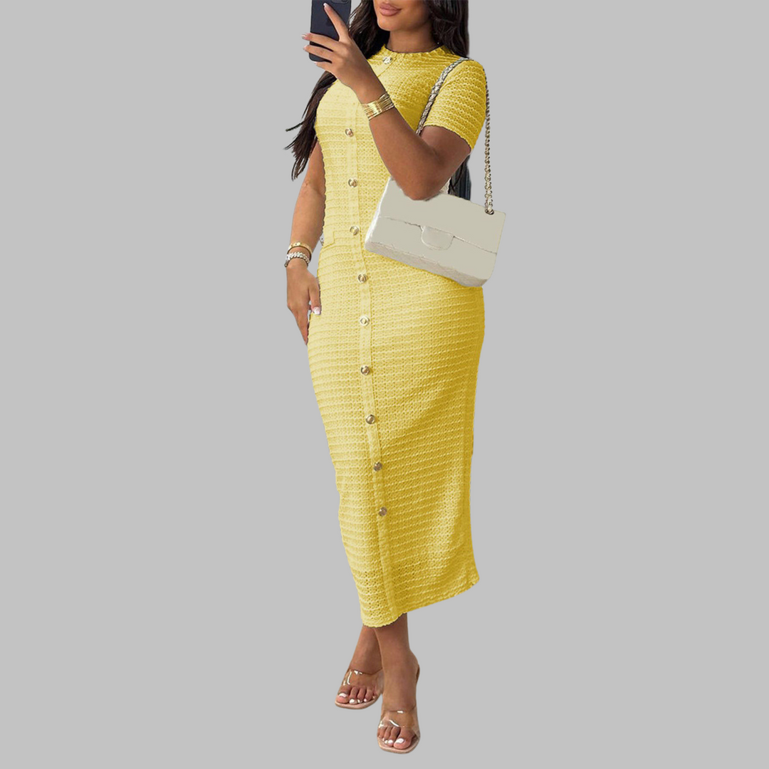 Rachel – Elegant Round Neck Faux Button Dress