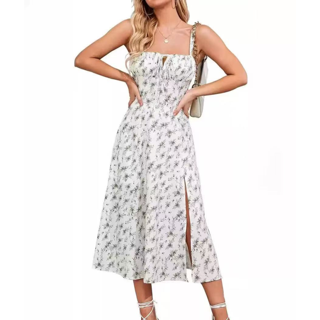 Anthea – Elegant Lace-Up Square Neck Midi Dress