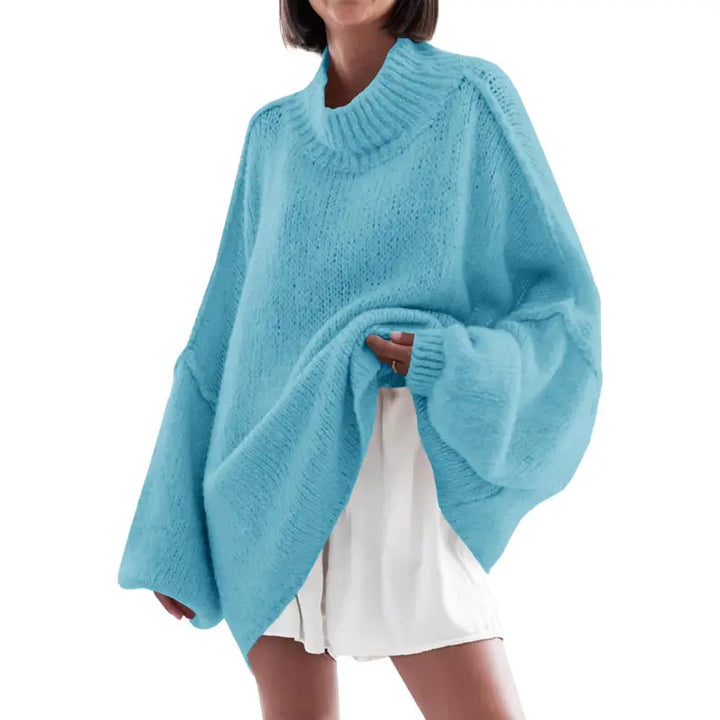Anthea – Ribbed Knit Mock Neck Batwing Long Sleeve Tunic Sweater