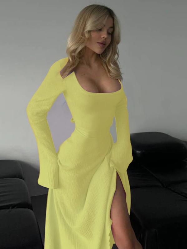 Erin – Sophisticated Lace-Up Tie Back Flounce Sleeve A-Line Long Dress