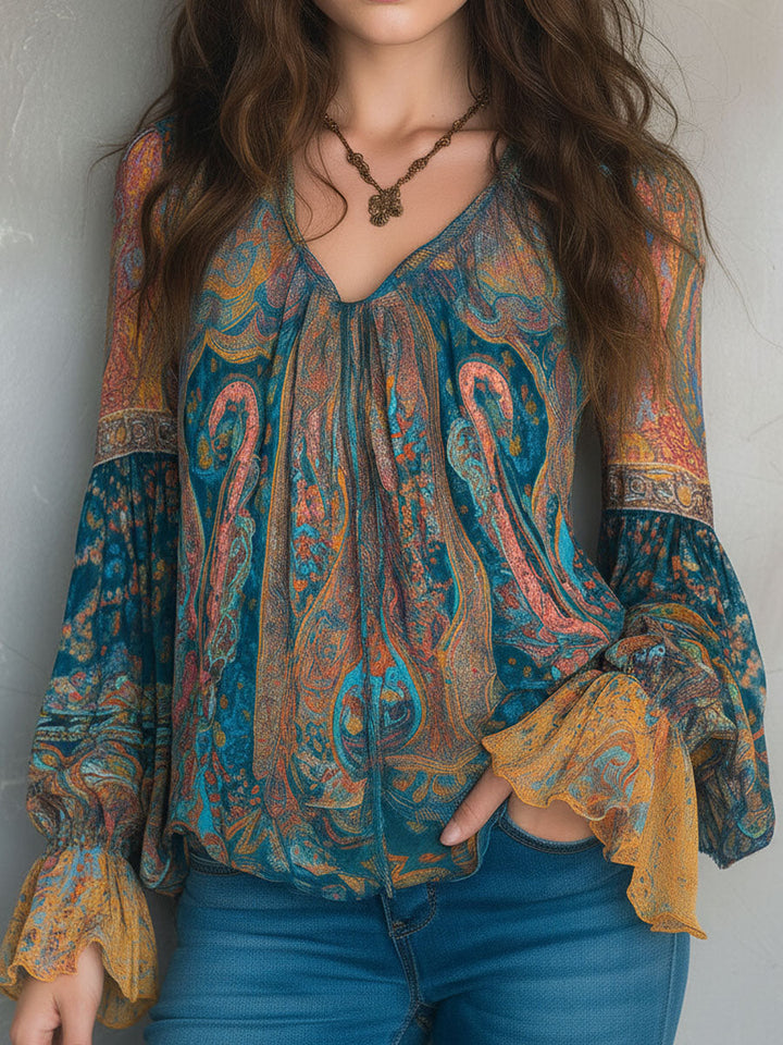 Hilary – Bohemian Teal and Amber Paisley Blouse with Ruffled Cuffs