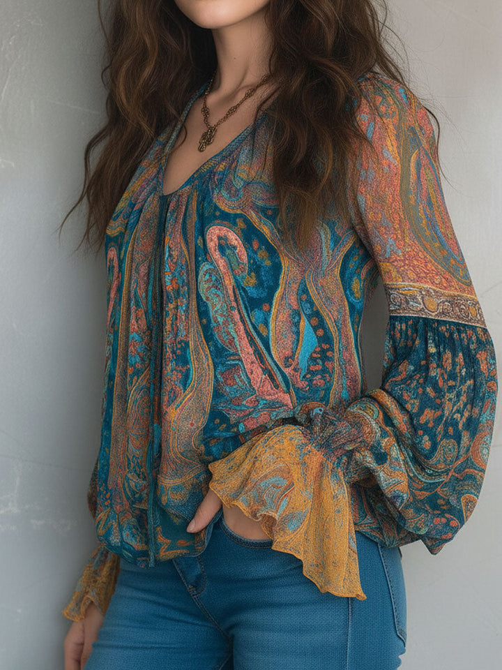 Hilary – Bohemian Teal and Amber Paisley Blouse with Ruffled Cuffs