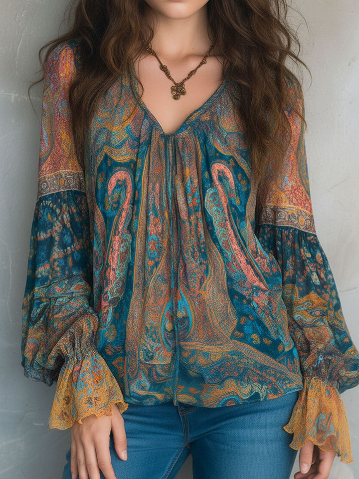 Hilary – Bohemian Teal and Amber Paisley Blouse with Ruffled Cuffs