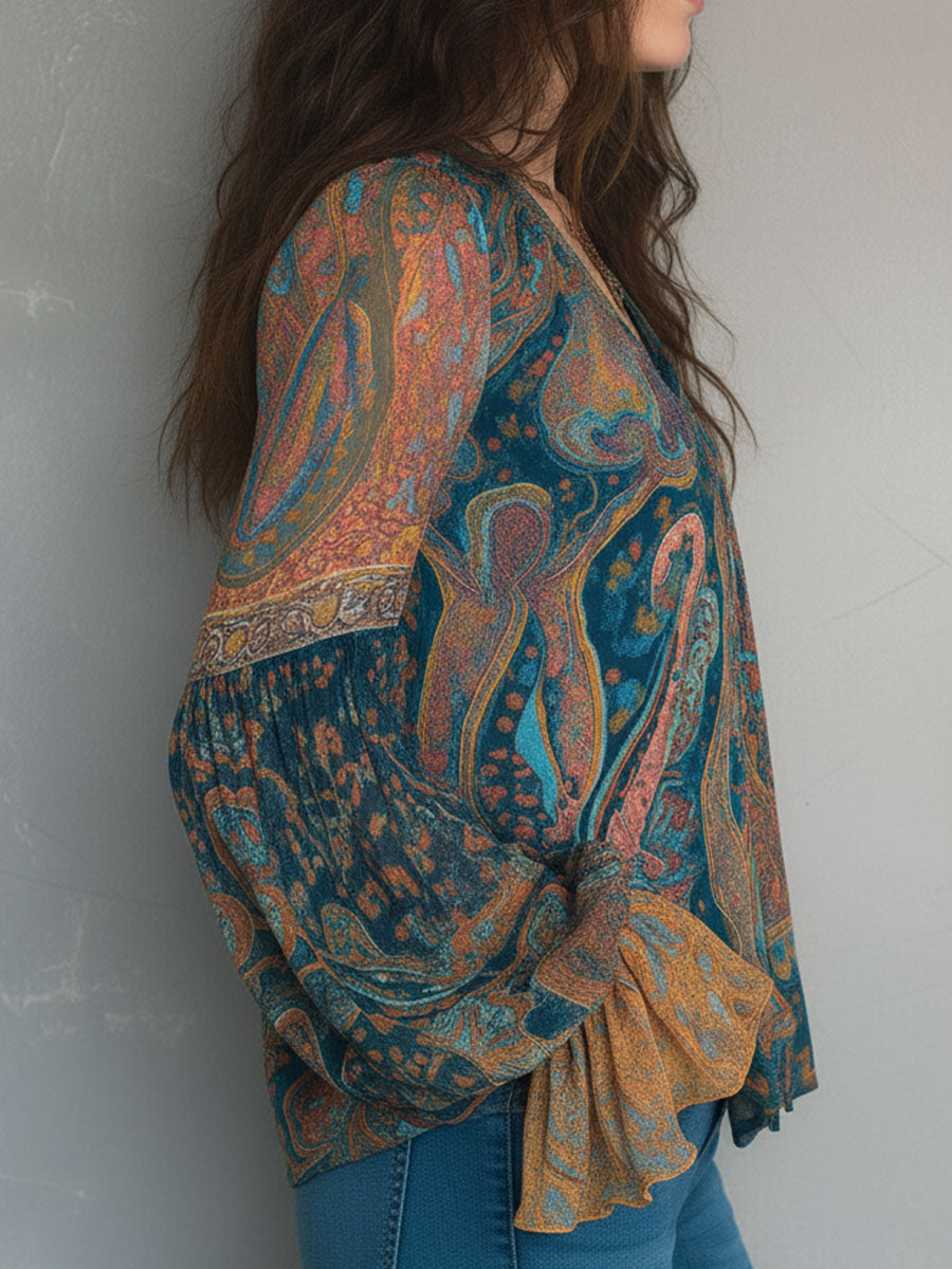 Hilary – Bohemian Teal and Amber Paisley Blouse with Ruffled Cuffs