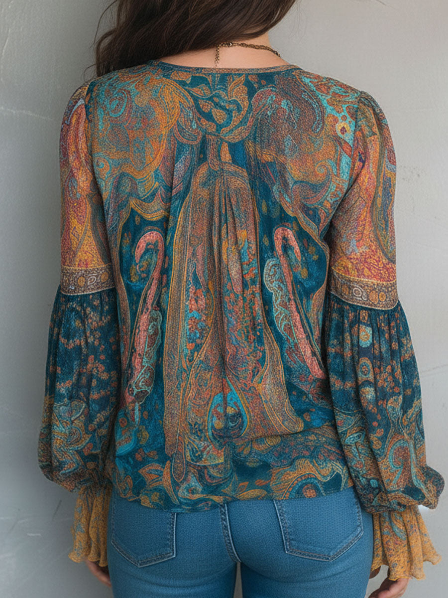 Hilary – Bohemian Teal and Amber Paisley Blouse with Ruffled Cuffs