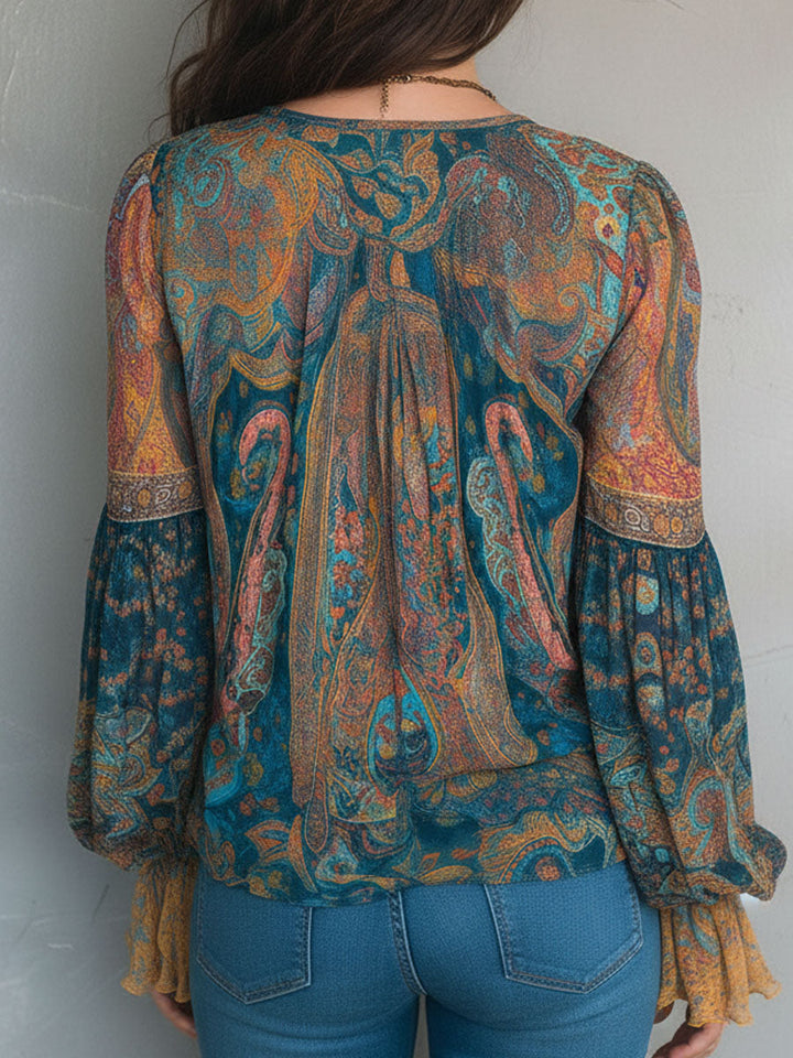 Hilary – Bohemian Teal and Amber Paisley Blouse with Ruffled Cuffs