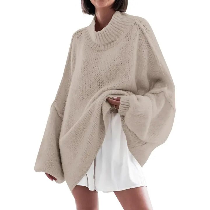 Anthea – Ribbed Knit Mock Neck Batwing Long Sleeve Tunic Sweater