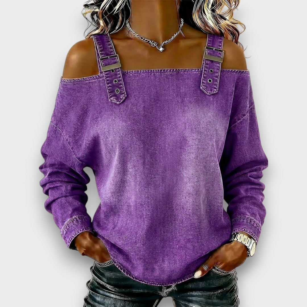 Danika – Off-Shoulder Denim-Look Long Sleeve Top