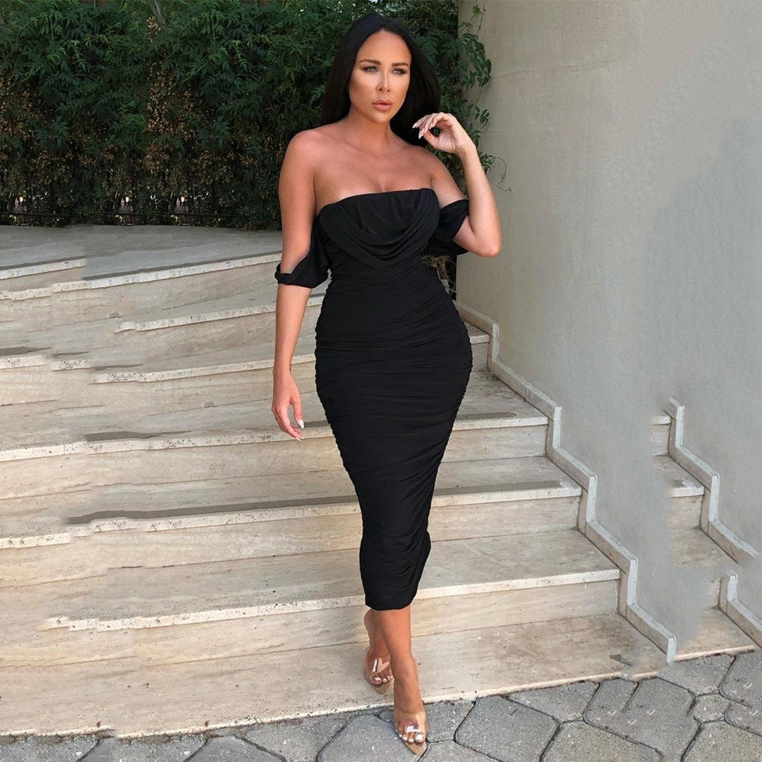 Mavis – Elegant Off-Shoulder Ruched Bodycon Midi Party Dress