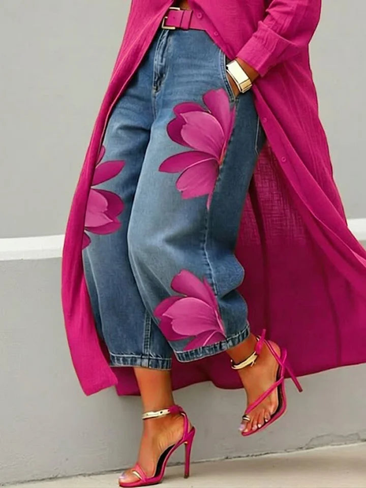Sylvia – Linen Shirt Dress and Floral Jeans Set