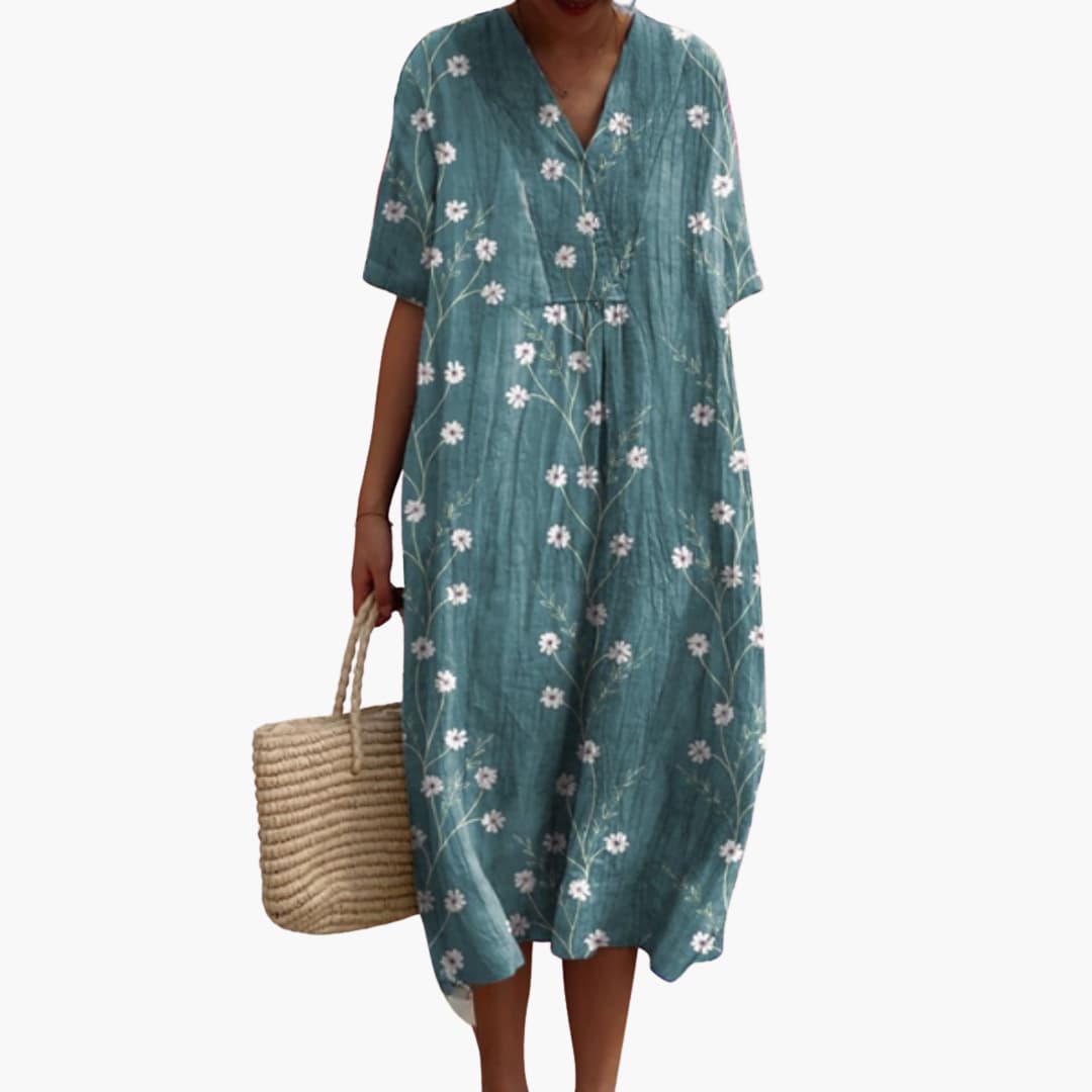 Shirley – Floral Cotton V-Neck Short Sleeve Oversized Casual Midi Dress