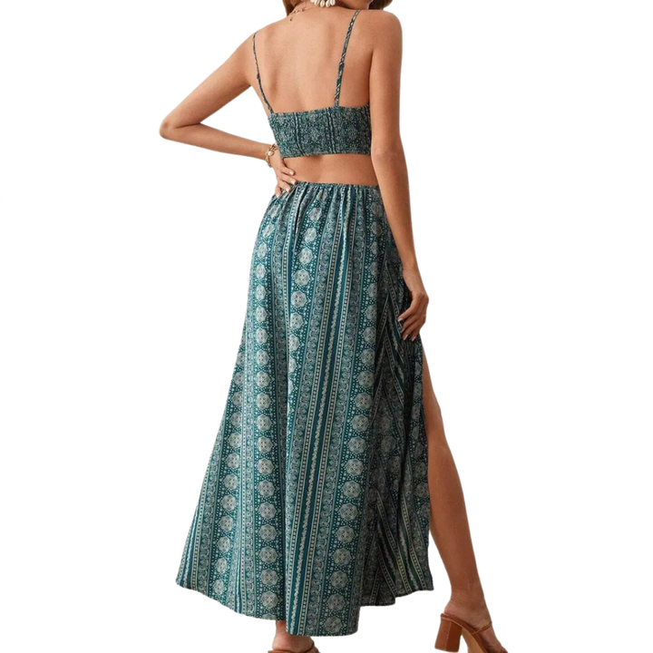 Stephanie – Boho Print Backless Slit Dress