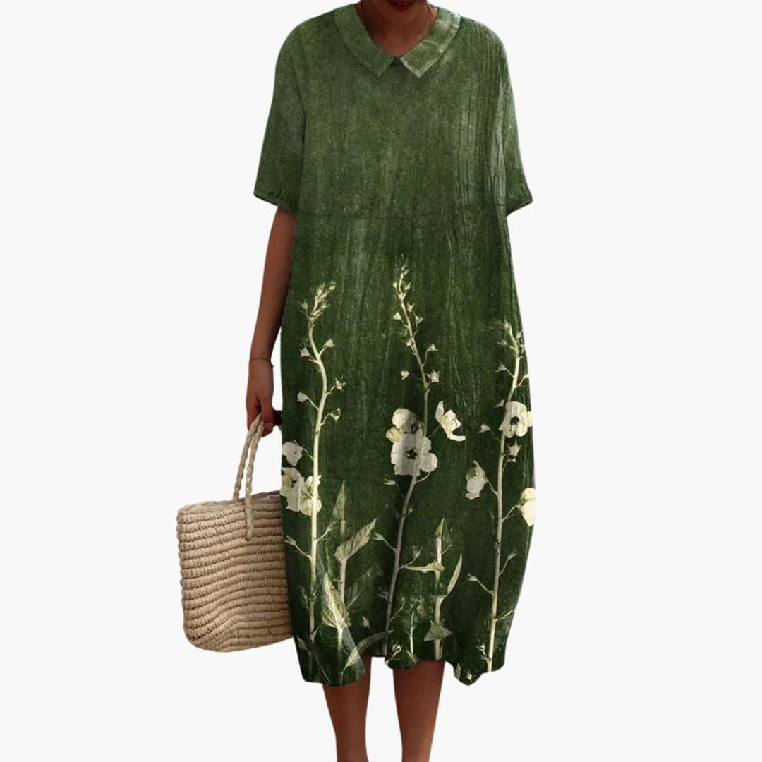 Shirley – Floral Cotton V-Neck Short Sleeve Oversized Casual Midi Dress
