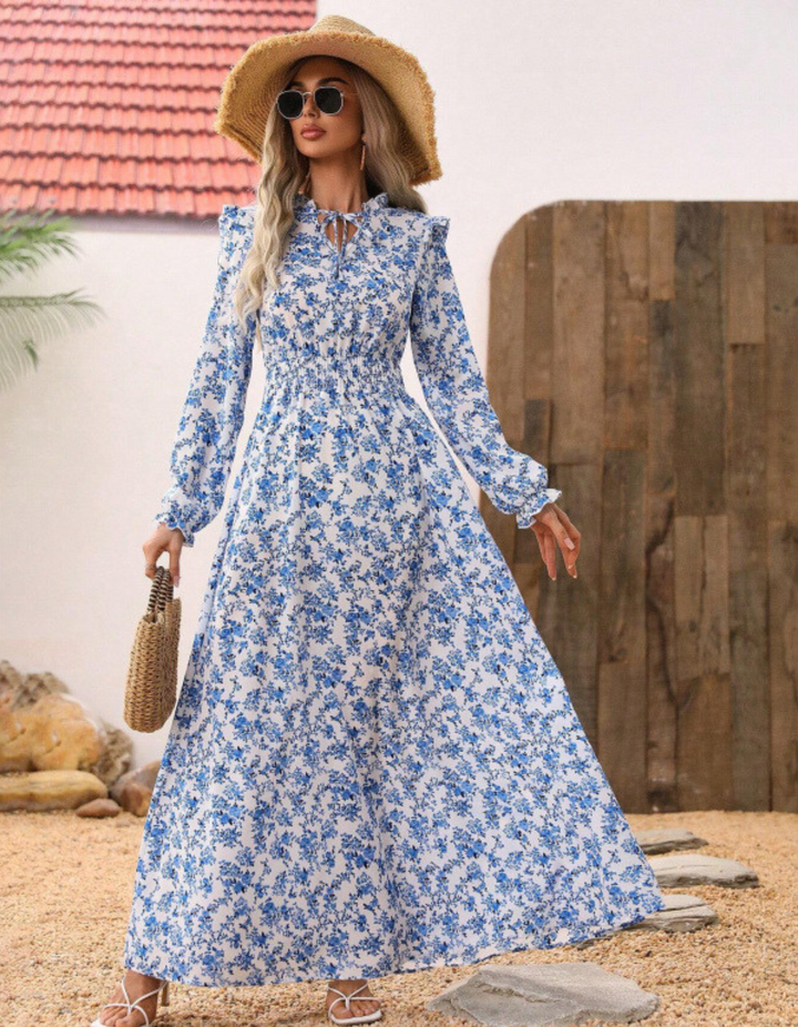 Sally – Elegant Long Sleeve Floral Print A-Line Dress