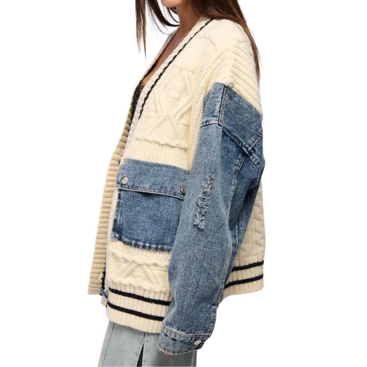 Flannery – Relaxed Denim Patchwork Knit Cardigan
