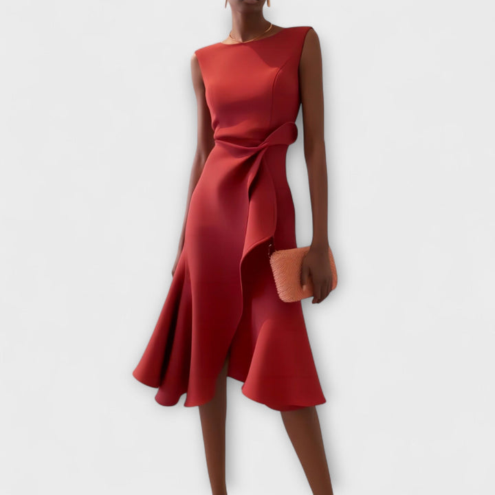 Stephanie – Draped Asymmetric Midi Dress