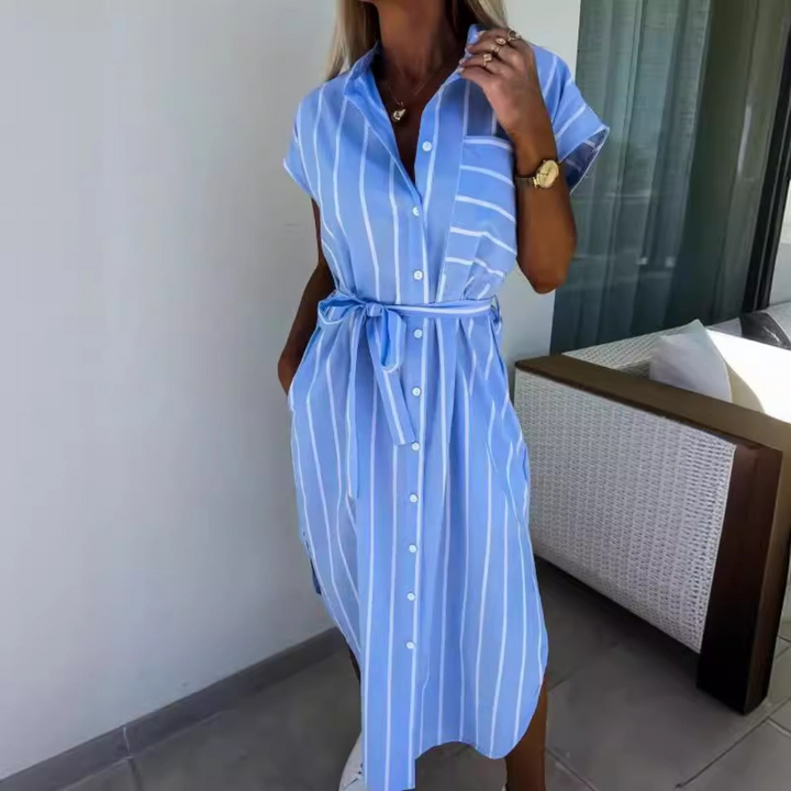 Lottie – Comfy Striped Belted Casual Midi Dress