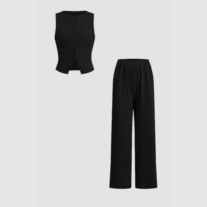 Claire – Elegant Ribbed Button Tank and Pants Set