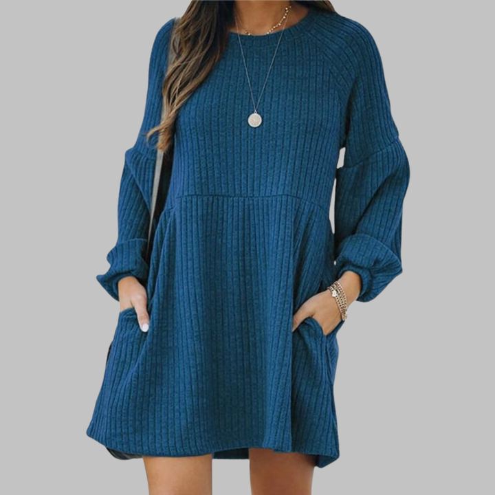 Anthea – Cosy Ribbed Bishop Sleeve Round Neck Mini Dress