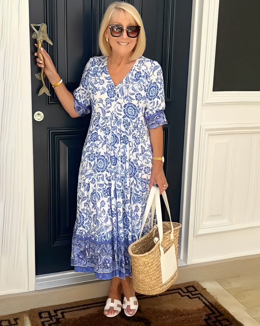 Sophie – Floral Midi Dress with Puff Sleeves