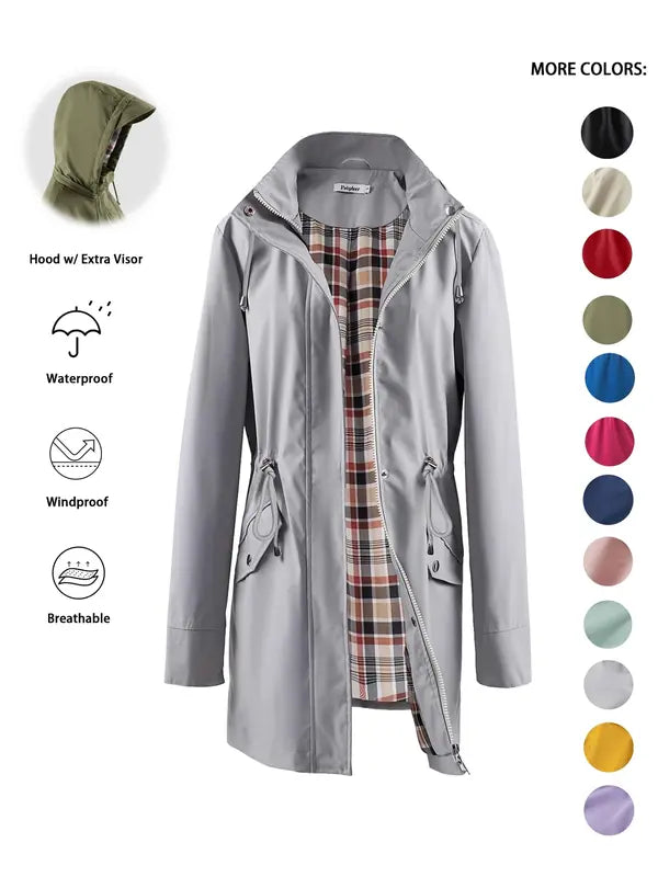 Sarah – Casual Drawstring Zip Up Hooded Trench Coat
