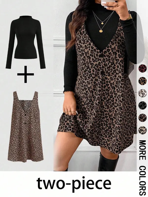 Cressida – High Neck Top and Leopard Print Strap Skirt Two-Piece Set